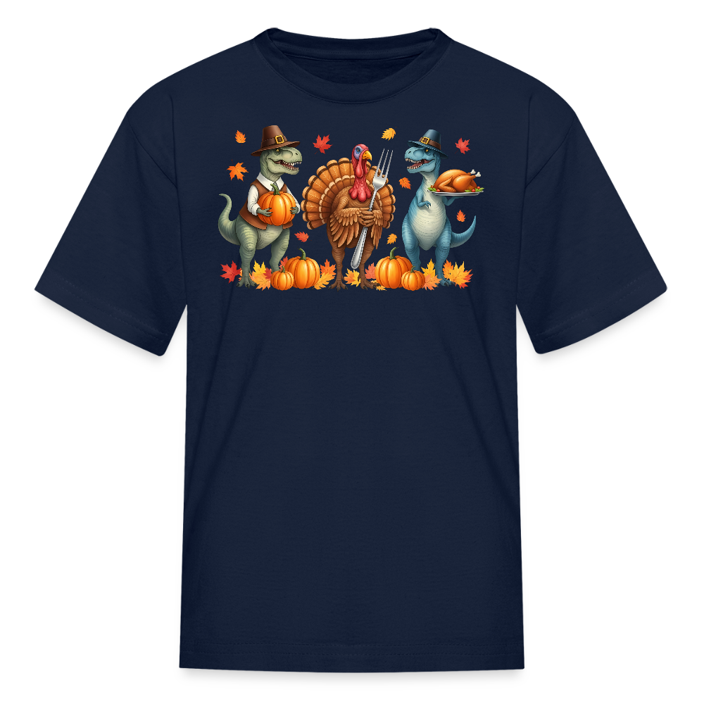 Funny Dinosaur & Turkey Thanksgiving Kids' T-Shirt - navy