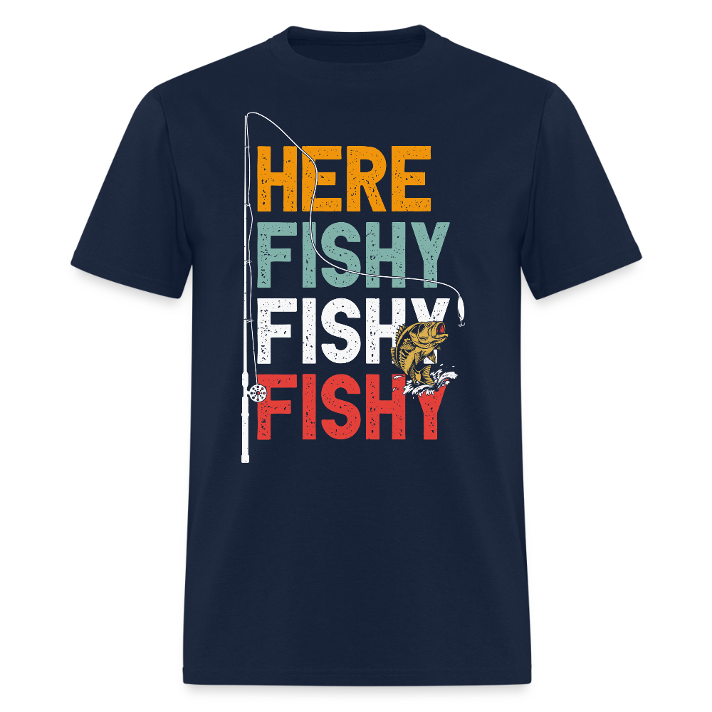Here Fishy Fishy Fishing Tee Retro Fisherman T-Shirt - navy
