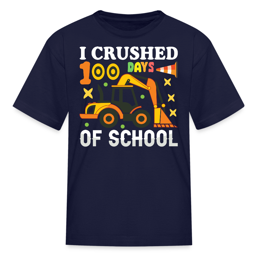 I Crushed 100 Days Of School Tee Construction Theme Milestone Kids T-Shirt - navy