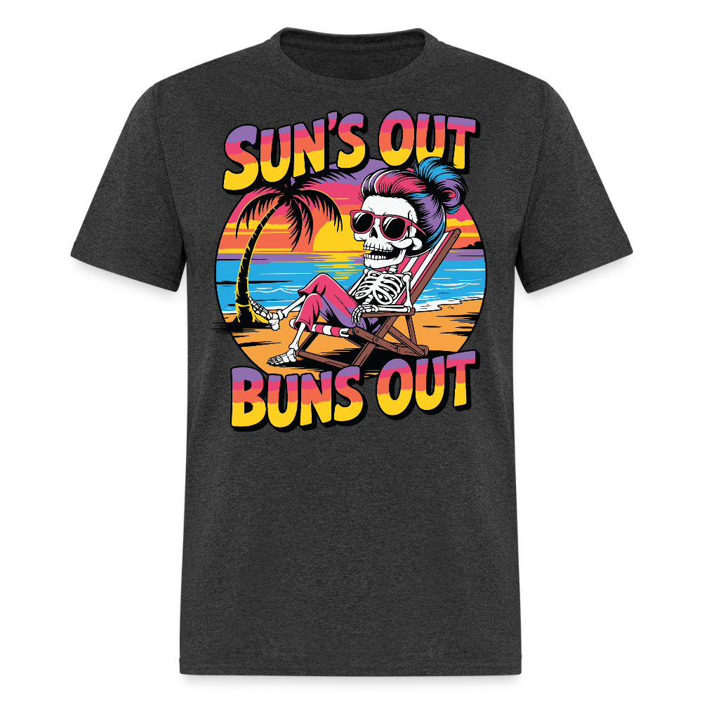 Sun's Out Buns Out Beach Funny Skeleton Summer T-shirt - heather black