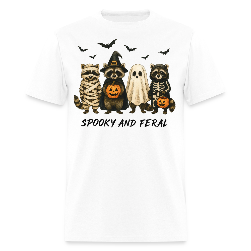 Spooky And Feral Funny Halloween Raccoon T-Shirt - white