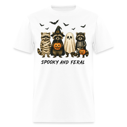 Spooky And Feral Funny Halloween Raccoon T-Shirt - white