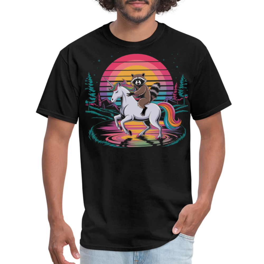 Colorful Retro Raccoon Riding Unicorn T-shirt - black