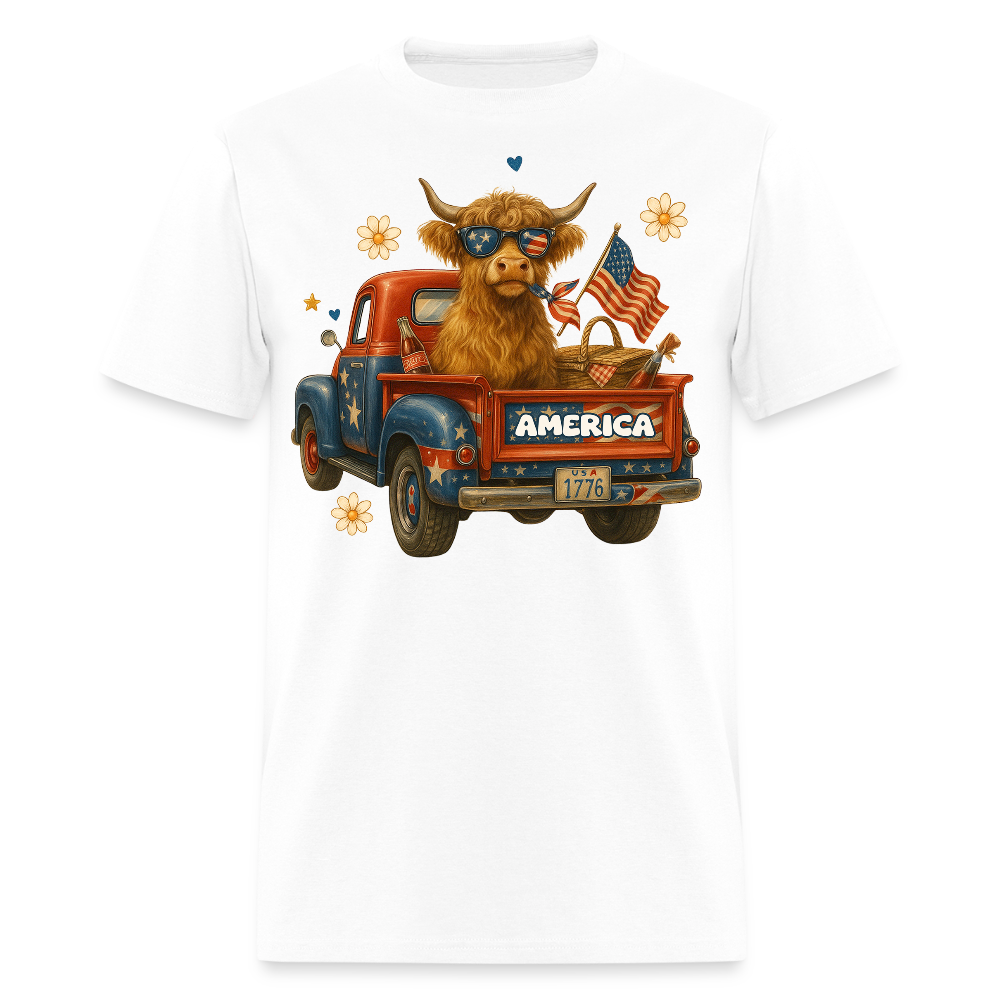 Patriotic Highland Cow 4th Of July Farmhouse T-Shirt - white
