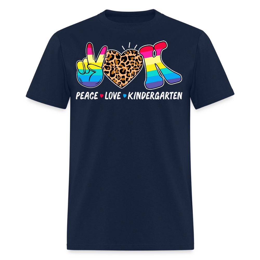 Peace Love Kindergarten Leopard Print Teacher T-Shirt - navy