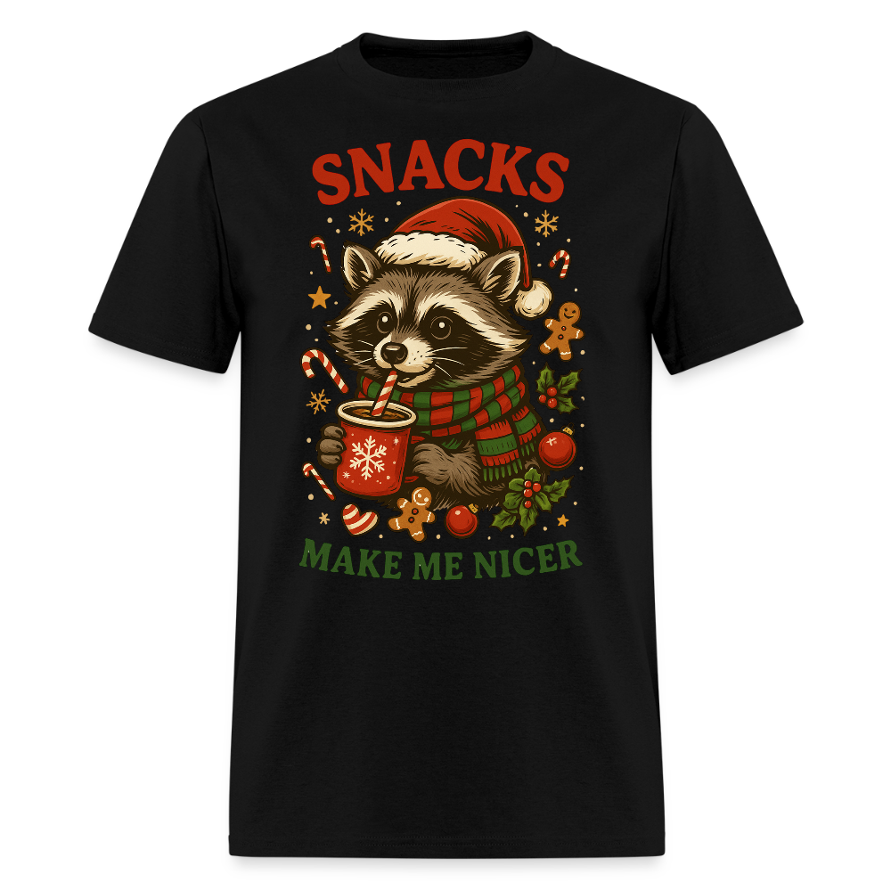 Snacks Make Me Nicer Raccoon Christmas T-Shirt - black