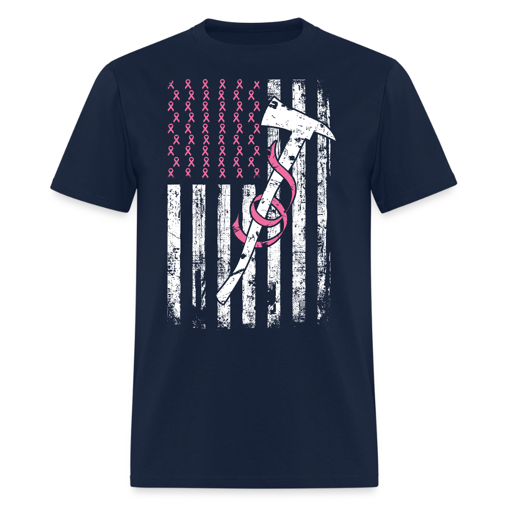 Firefighter Axe Pink Ribbon American Flag T-Shirt - navy