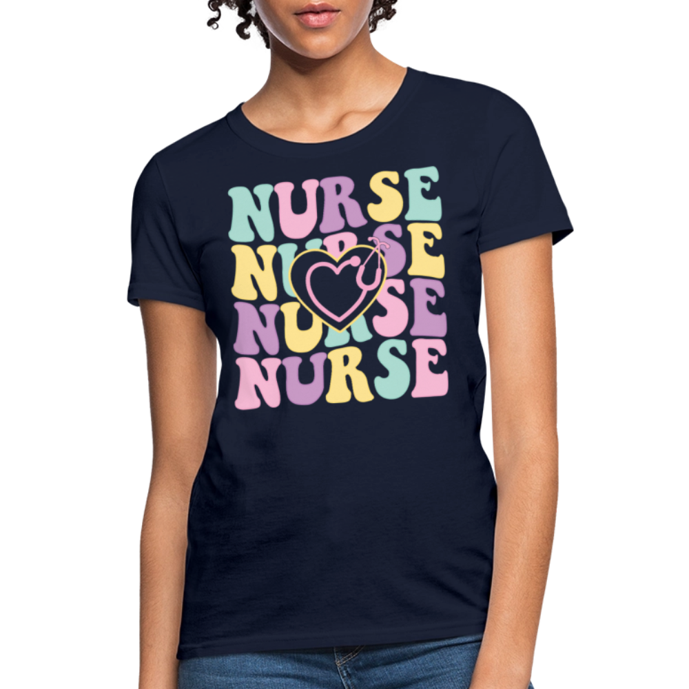 Groovy Retro Heart Stethoscope Nurse T-Shirt - navy