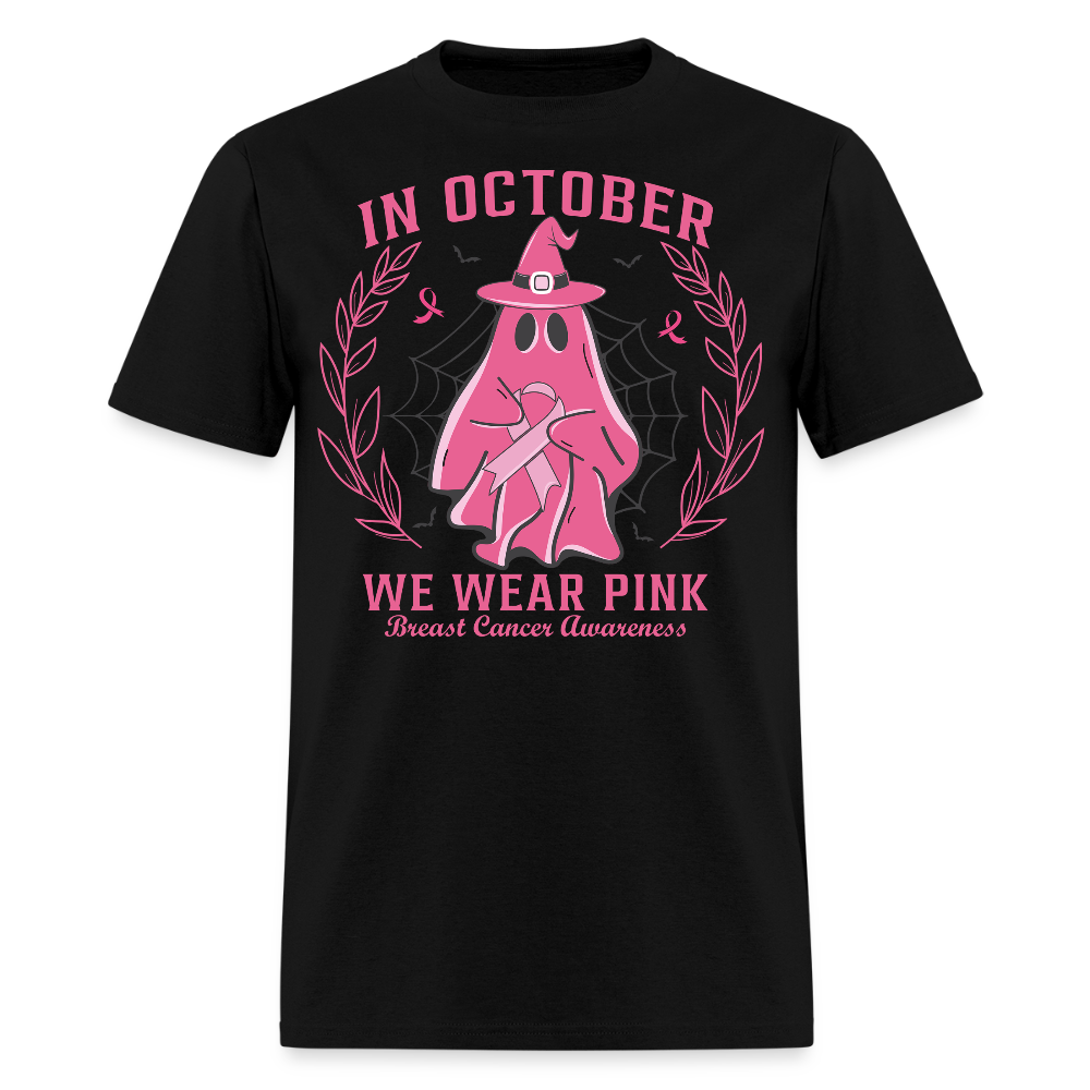 In October We Wear Pink Breast Cancer Halloween Ghost T-Shirt - black