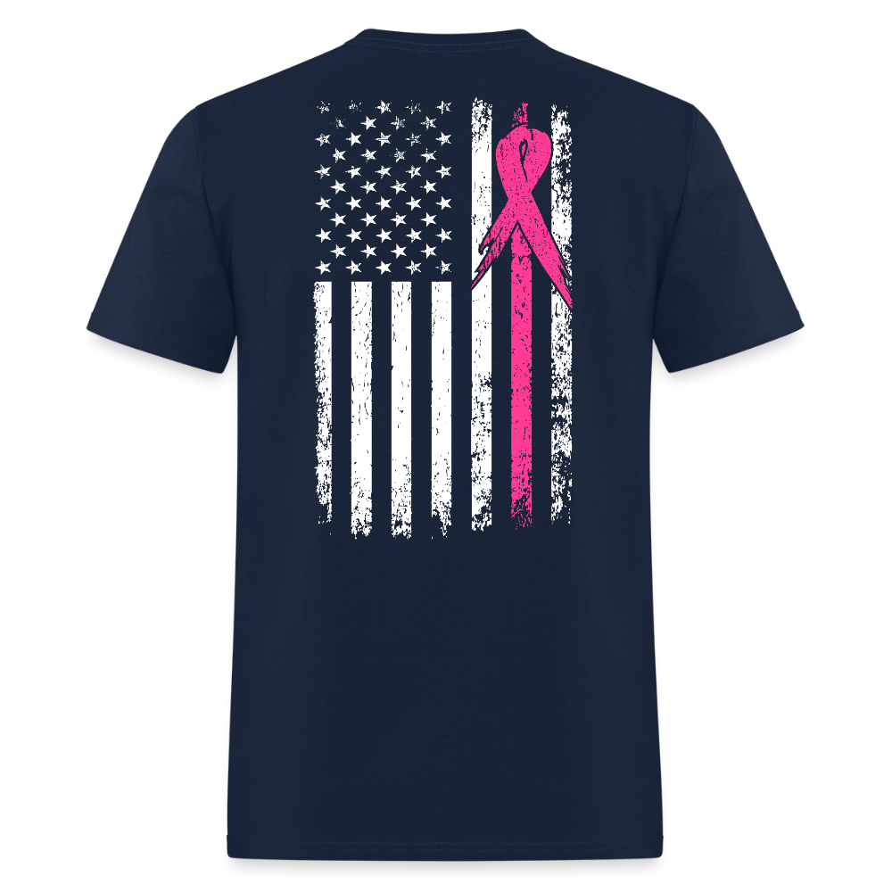 Breast Cancer Awareness American Flag Pink Ribbon T-Shirt - navy
