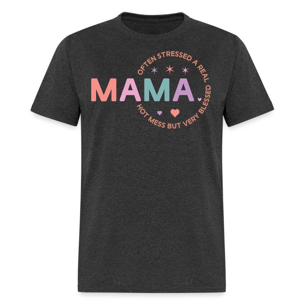 Funny Hot Mess Blessed Mama T-shirt - heather black