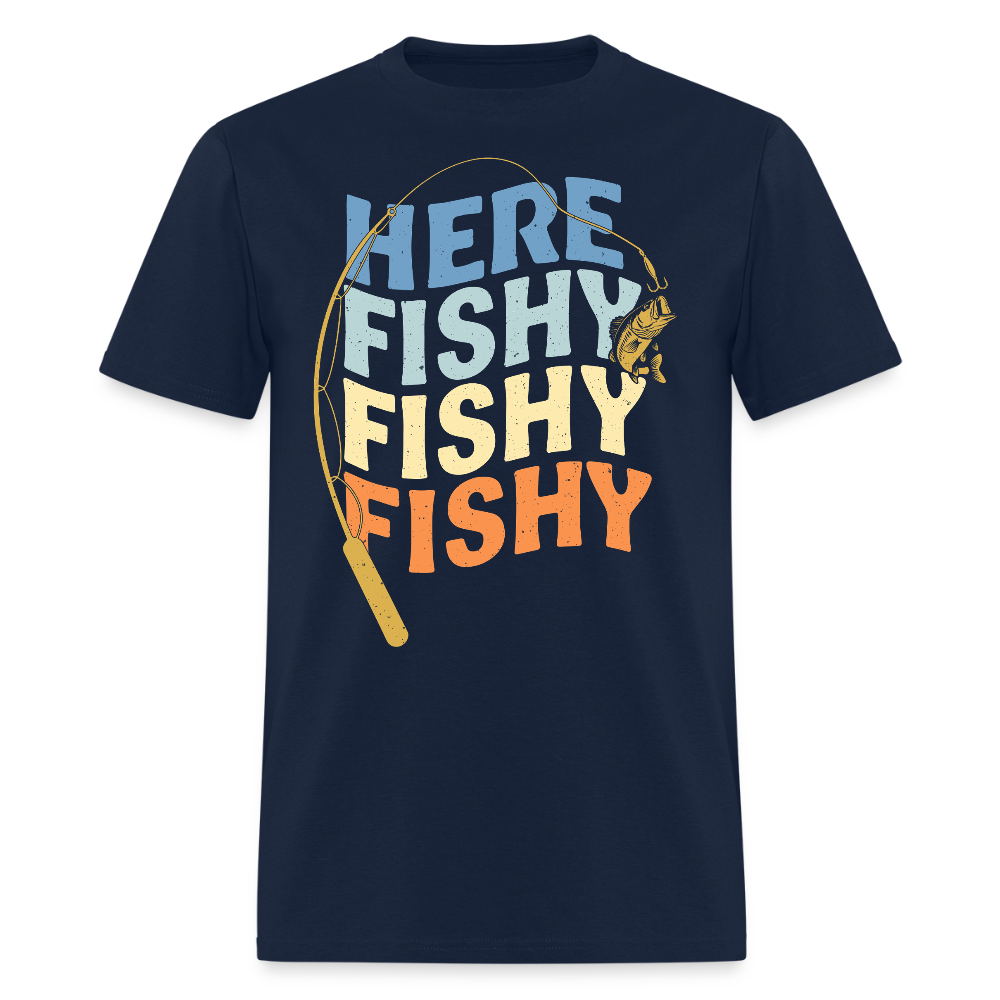 Retro Here Fishy Fishy Funny Fishing T-Shirt - navy