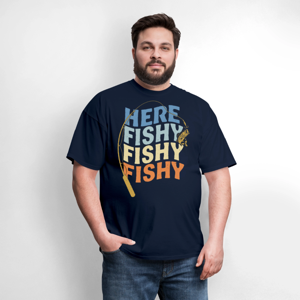 Retro Here Fishy Fishy Funny Fishing T-Shirt - navy