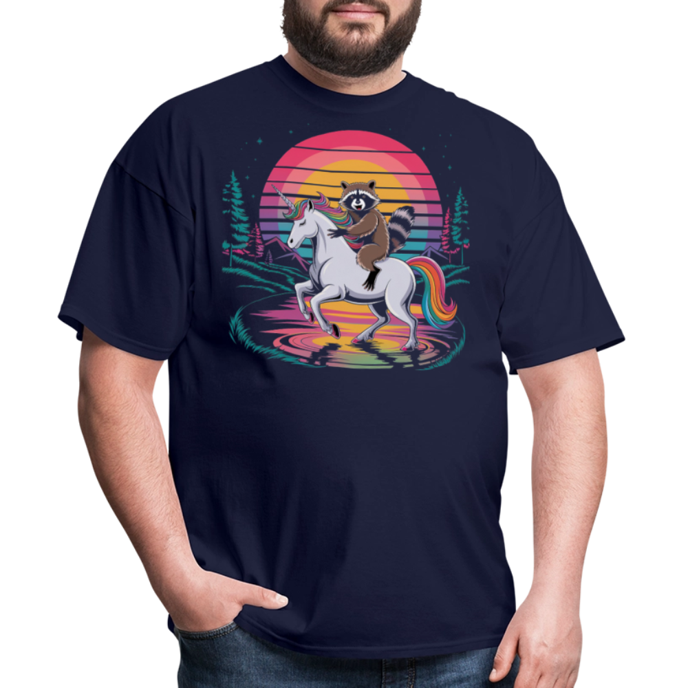 Colorful Retro Raccoon Riding Unicorn T-shirt - navy