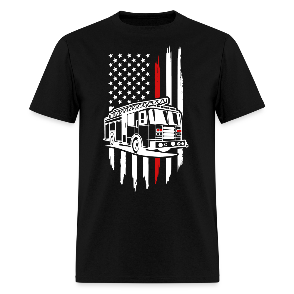 Firefighter Thin Red Line American Flag Firetruck T-Shirt - black