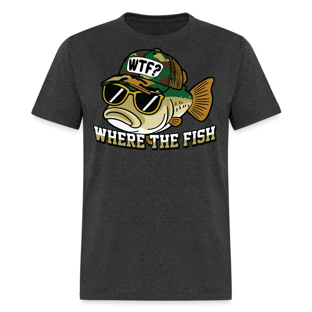 WTF Where The Fish Hat Camouflage Fishing T-shirt - heather black