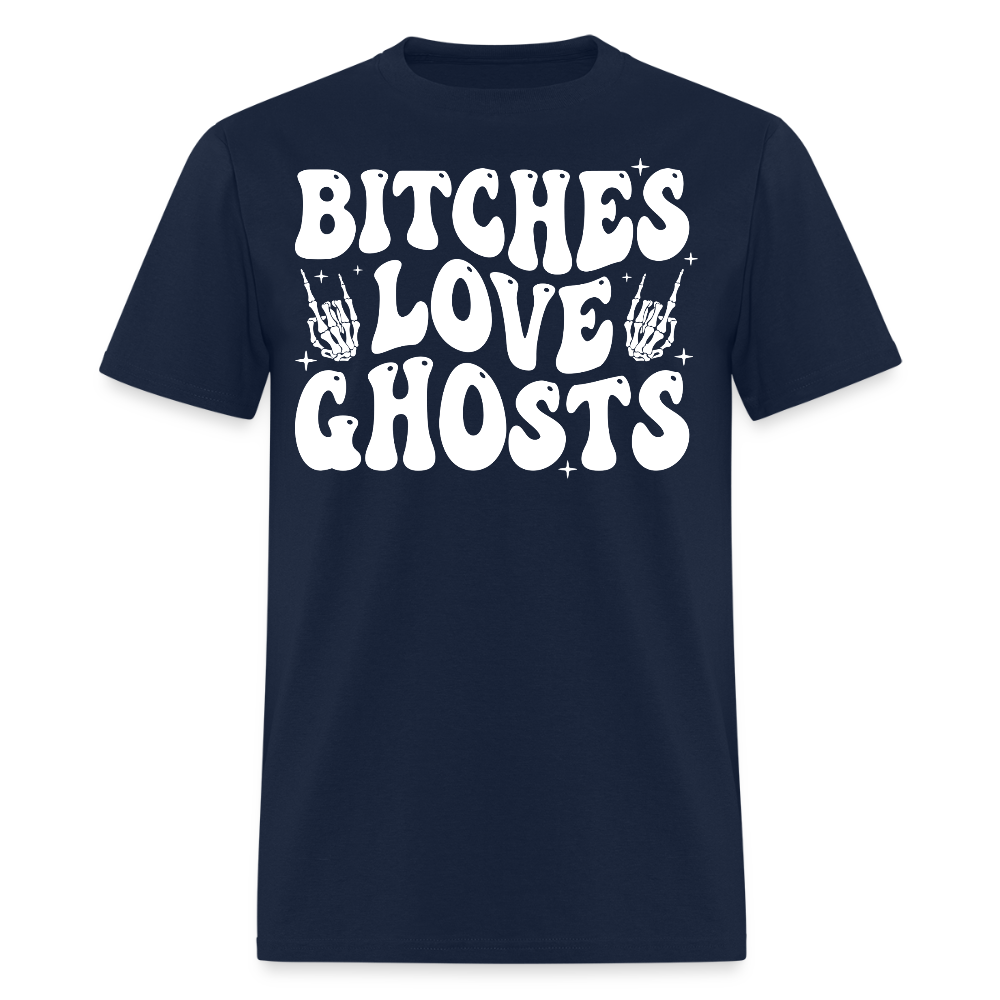 Bitches Love Ghosts Spooky Skeleton Hand T-Shirt - navy