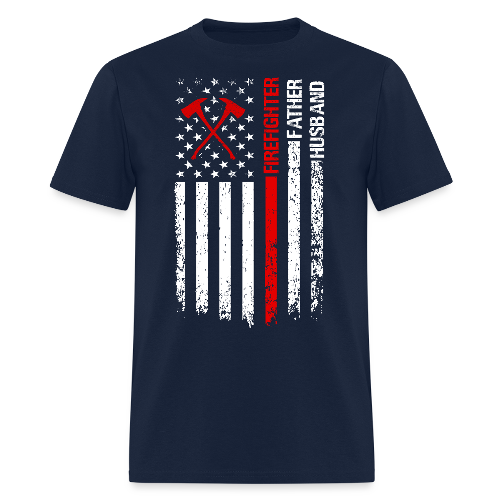 Firefighter Father Husband Thin Red Line US Flag T-Shirt - navy