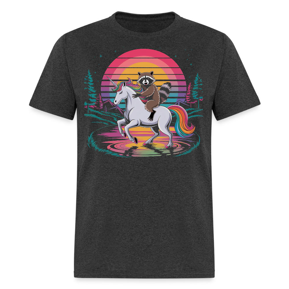 Colorful Retro Raccoon Riding Unicorn T-shirt - heather black