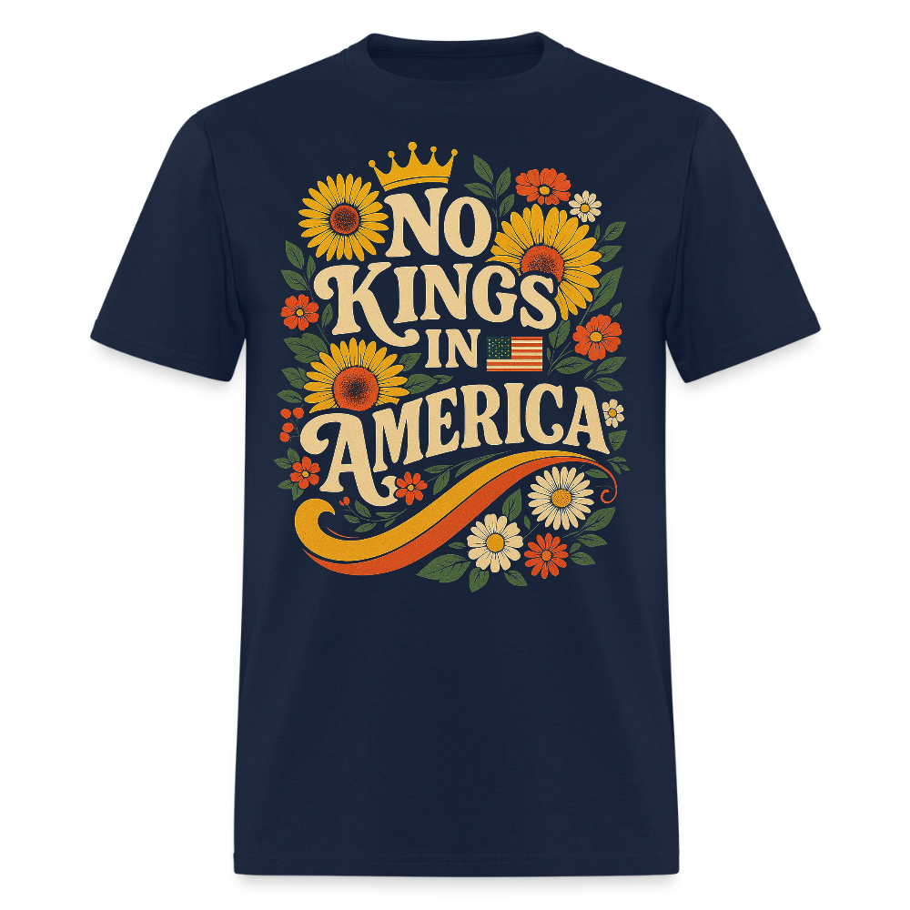 No Kings In America Floral Freedom Statement T-Shirt - navy