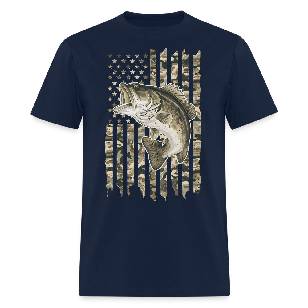 Camo American Flag Bass Fishing T-Shirt - navy