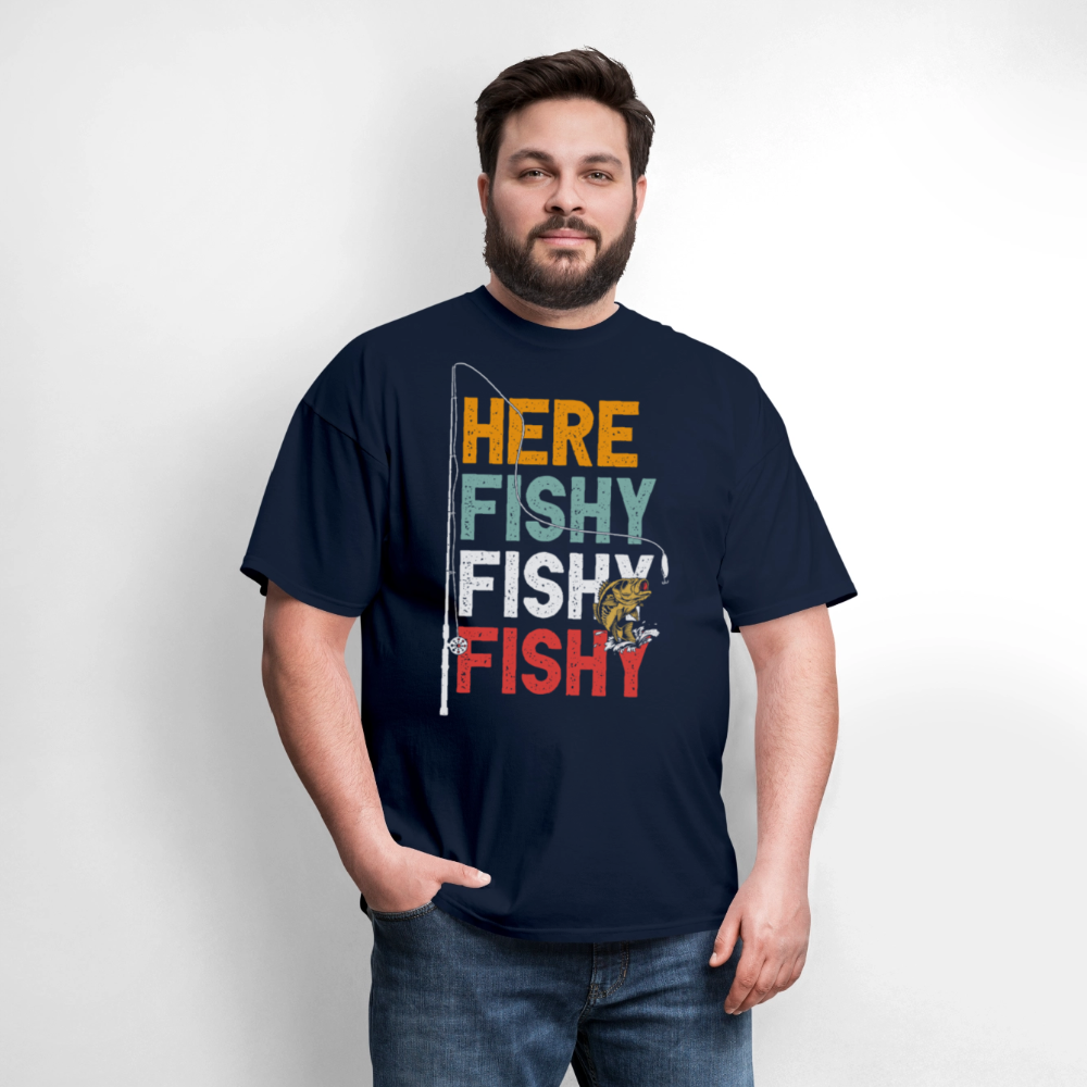 Here Fishy Fishy Fishing Tee Retro Fisherman T-Shirt - navy