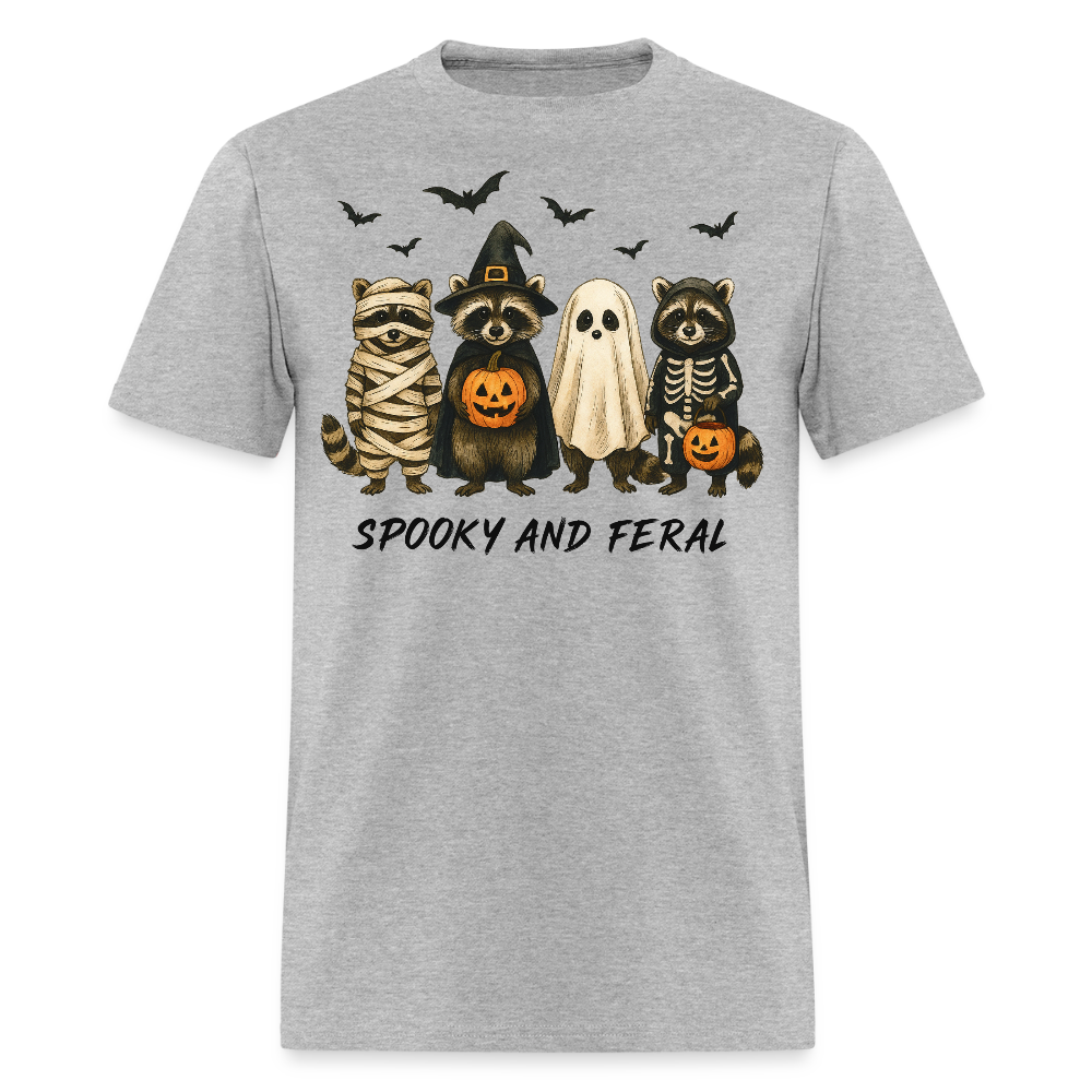 Spooky And Feral Funny Halloween Raccoon T-Shirt - heather gray