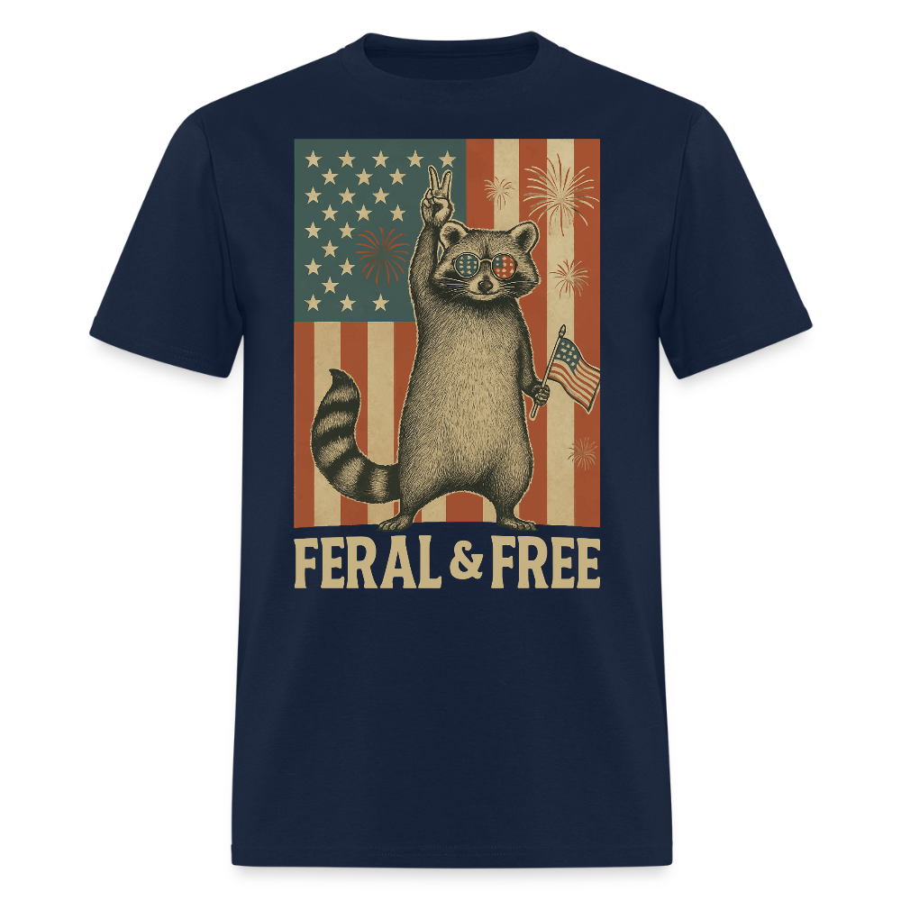 Feral And Free Patriotic Raccoon T-Shirt - navy