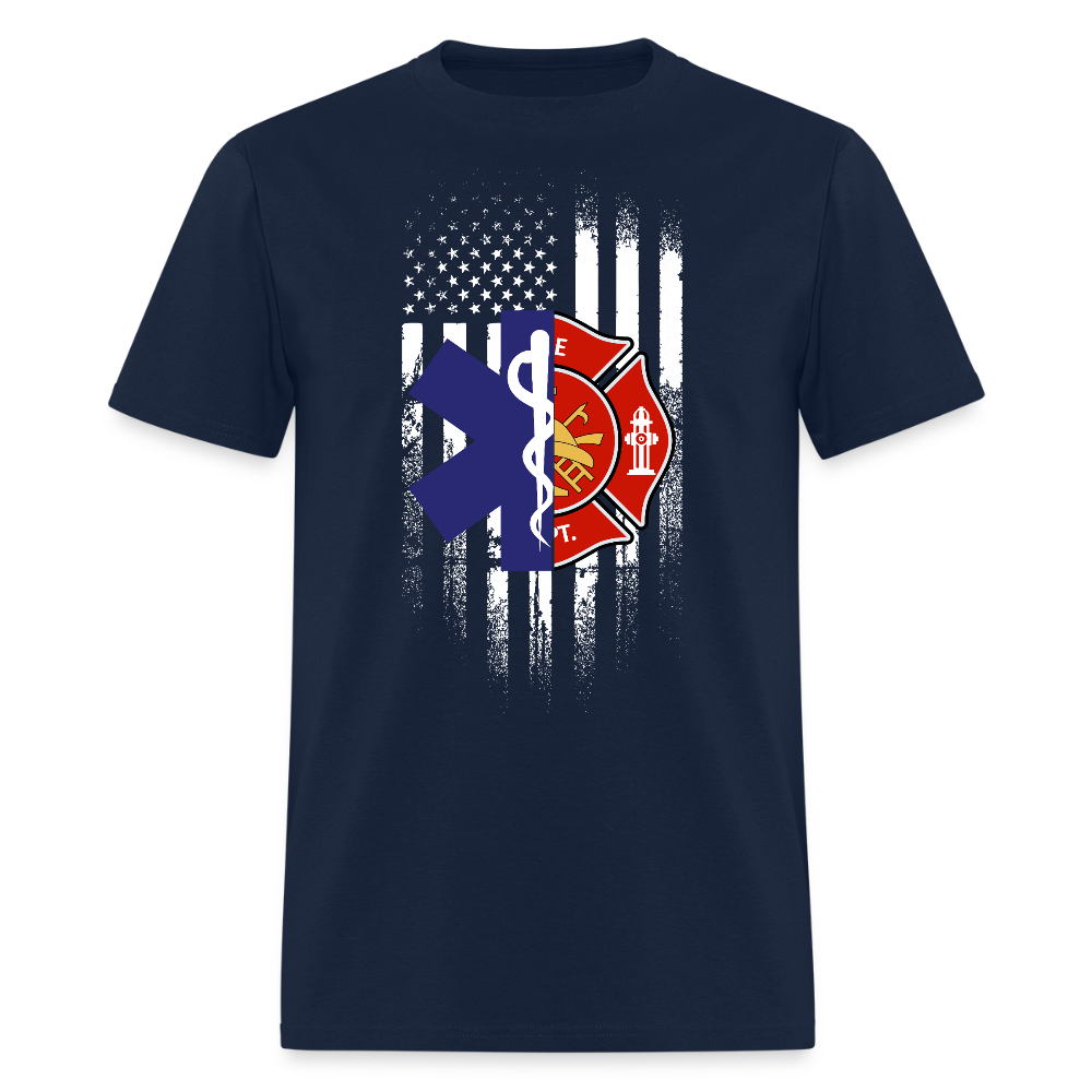 Patriotic Firefighter EMS American Flag T-Shirt - navy
