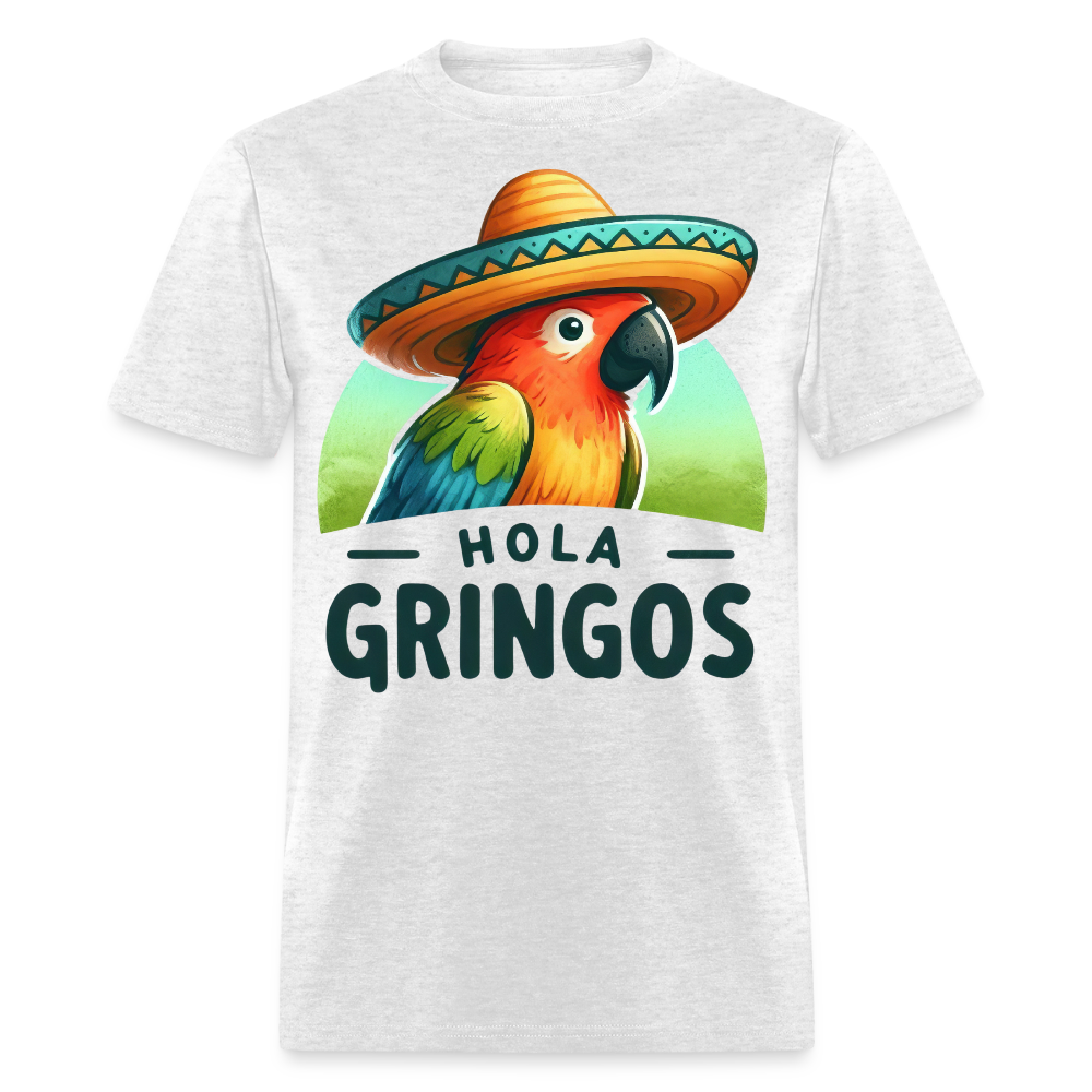 Colorful Parrot Sombrero Graphic Tee Hola Gringos Fiesta Party T-shirt - light heather gray