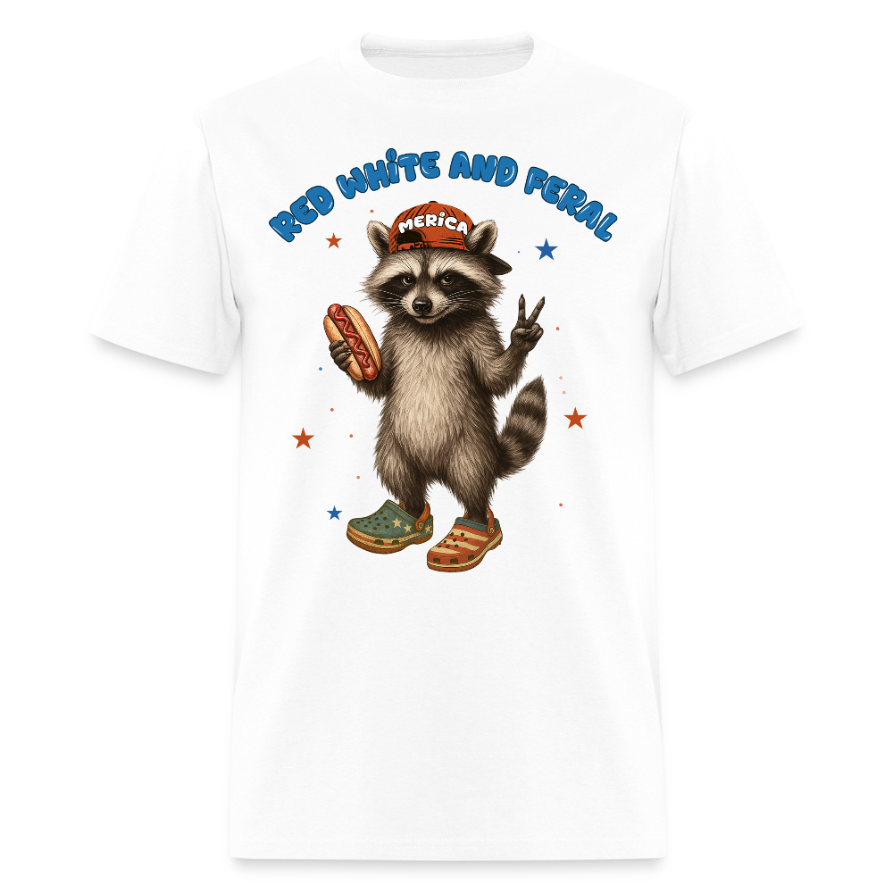 Red White And Feral Funny Patriotic Raccoon T-Shirt - white
