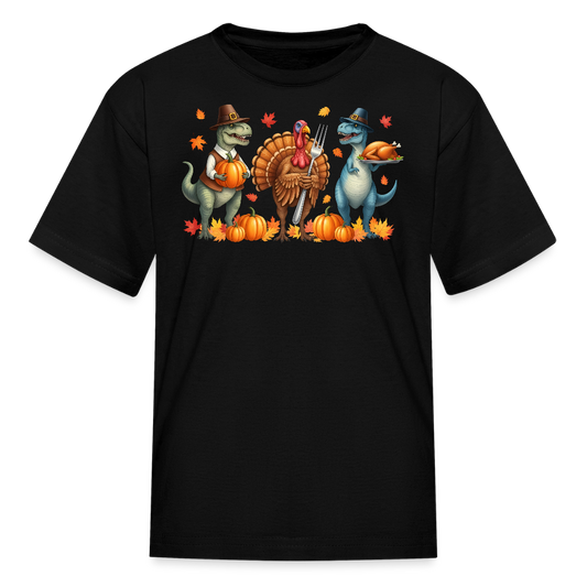 Funny Dinosaur & Turkey Thanksgiving Kids' T-Shirt - black