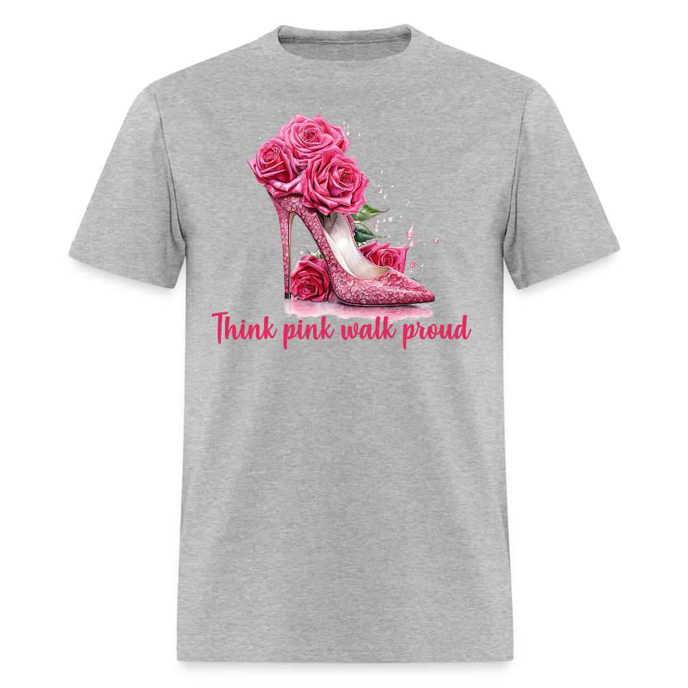 Think Pink Walk Proud High Heels with Roses Design T-Shirt - heather gray