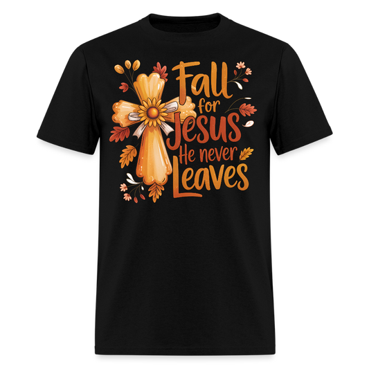 Fall For Jesus He Never Leaves Autumn Faith Cross T-Shirt - black