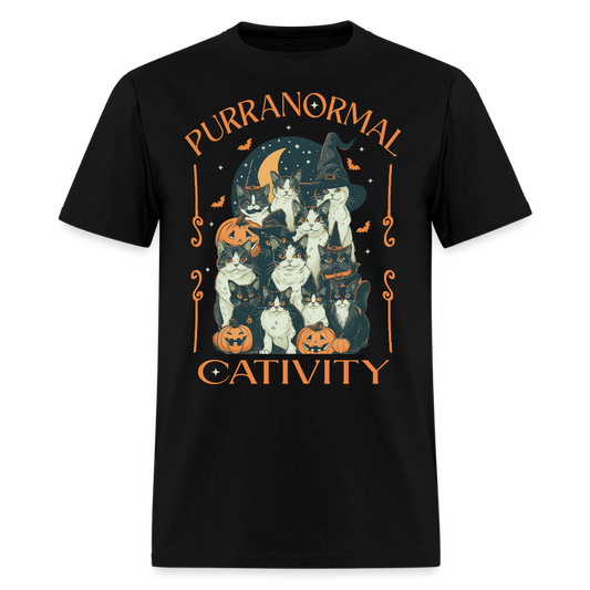 Purranormal Cativity Funny Halloween Cat T-Shirt - black