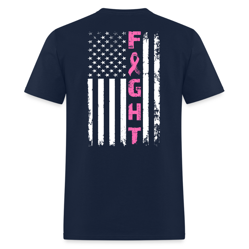 Pink Ribbon American Flag Breast Cancer Fighters T-Shirt - navy