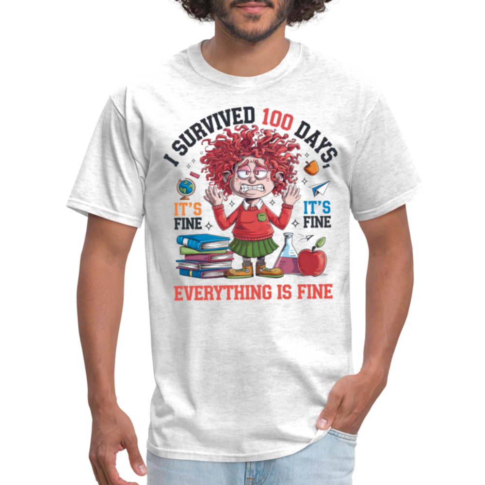 Funny 100 Days of School T-Shirt - 'Everything Is Fine' Teacher & Student Celebration Shirt - light heather gray