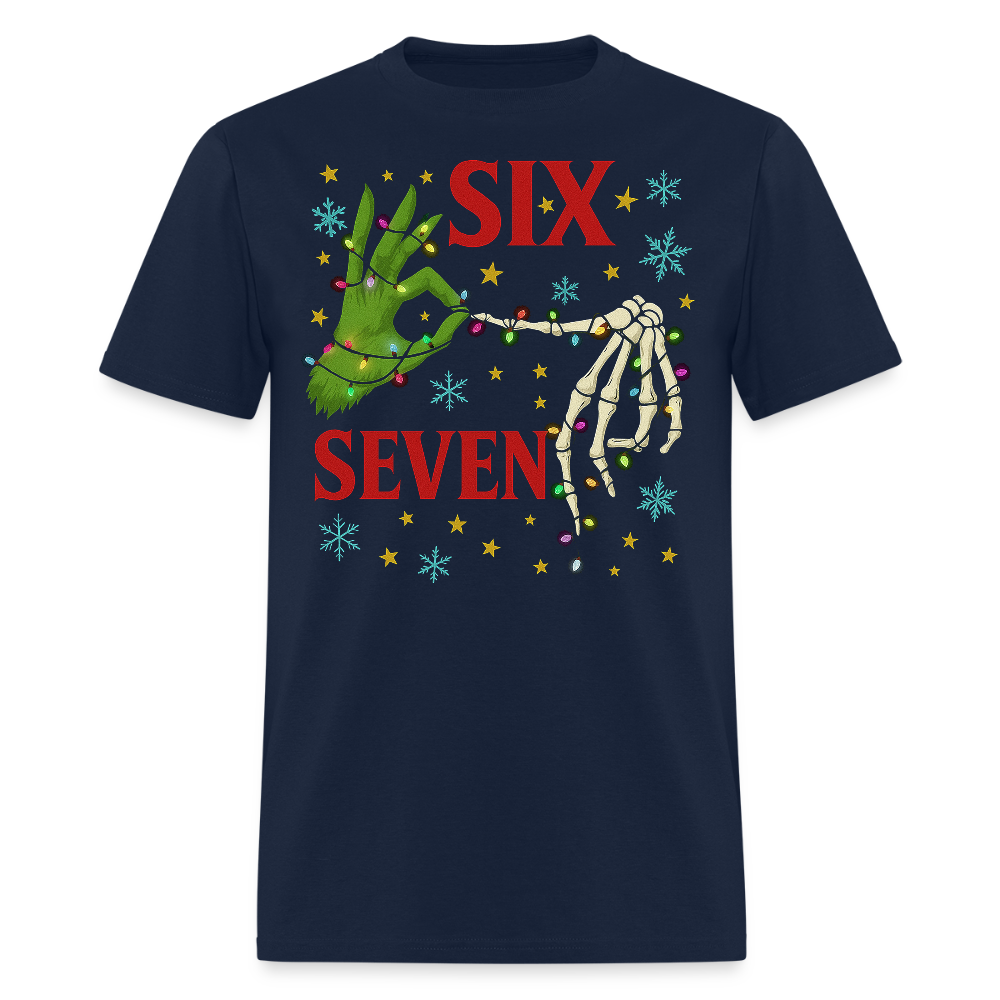 Six Seven Christmas Grinch And Skeleton Hands T-Shirt - navy