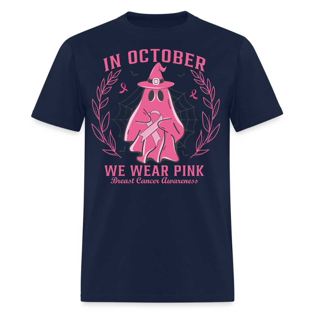 In October We Wear Pink Breast Cancer Halloween Ghost T-Shirt - navy