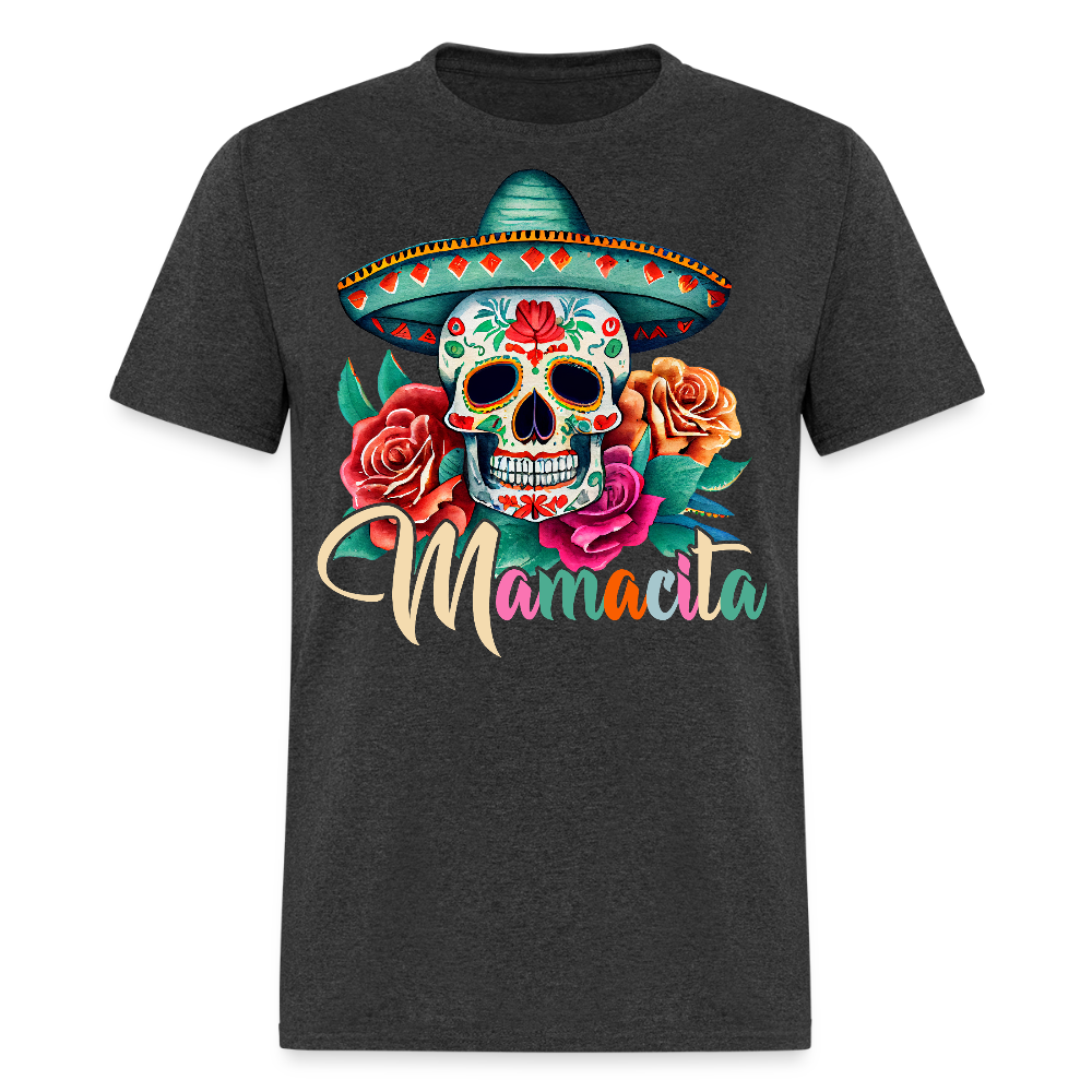 Mamacita Mexican Skull Design Tee Mexican Sugar Skull T-shirt - heather black