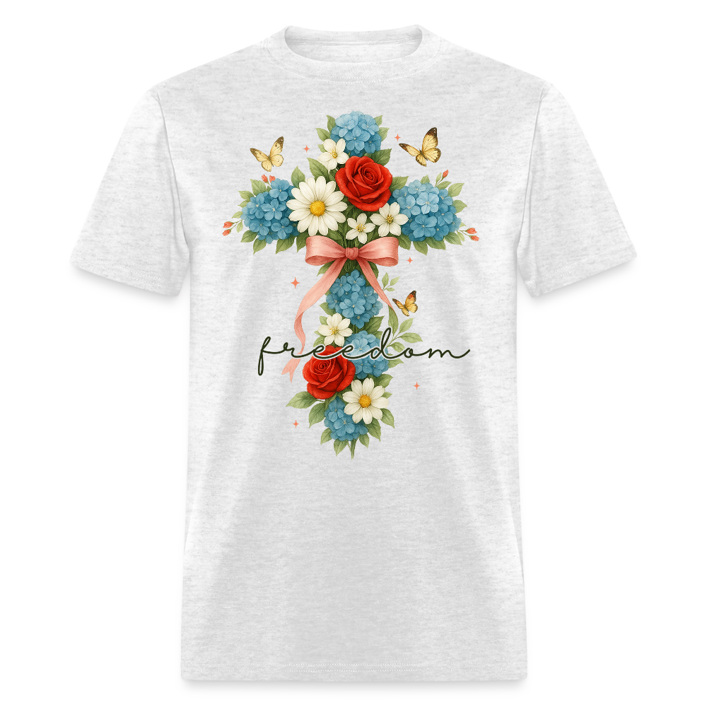 Religious Flower Cross Faith Freedom T-Shirt - light heather gray