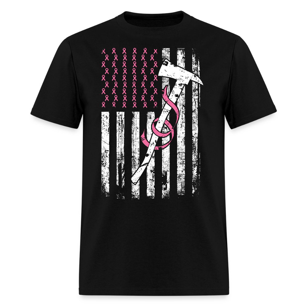 Firefighter Axe Pink Ribbon American Flag T-Shirt - black
