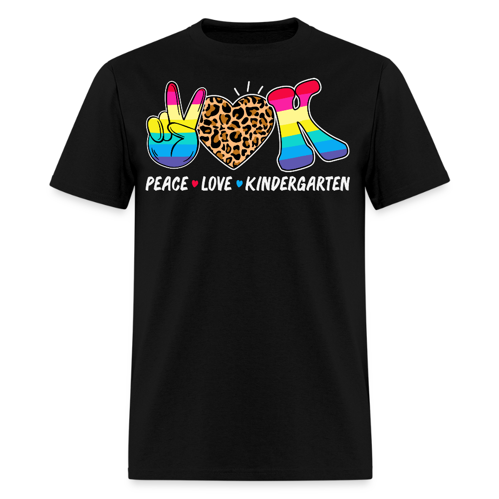 Peace Love Kindergarten Leopard Print Teacher T-Shirt - black