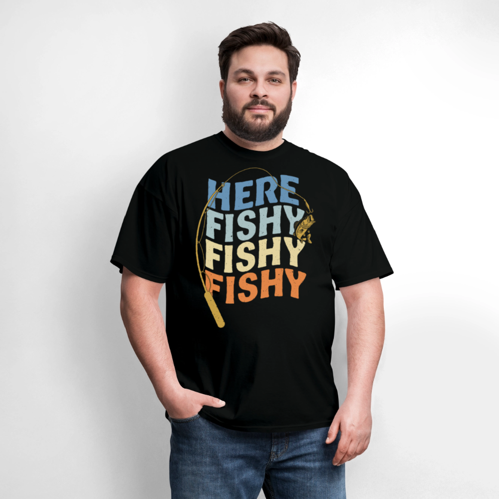 Retro Here Fishy Fishy Funny Fishing T-Shirt - black