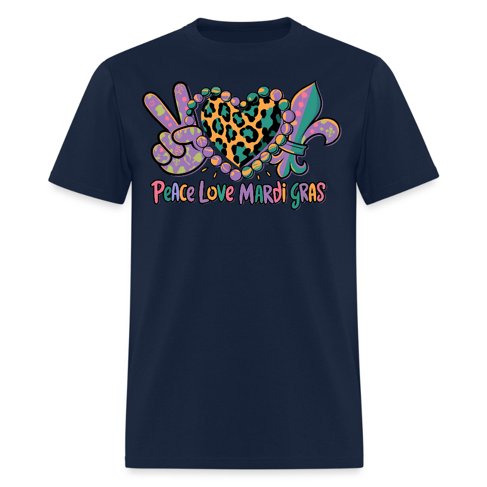 Peace Love Mardi Gras Graphic Tee Colorful Festival T-shirt - navy