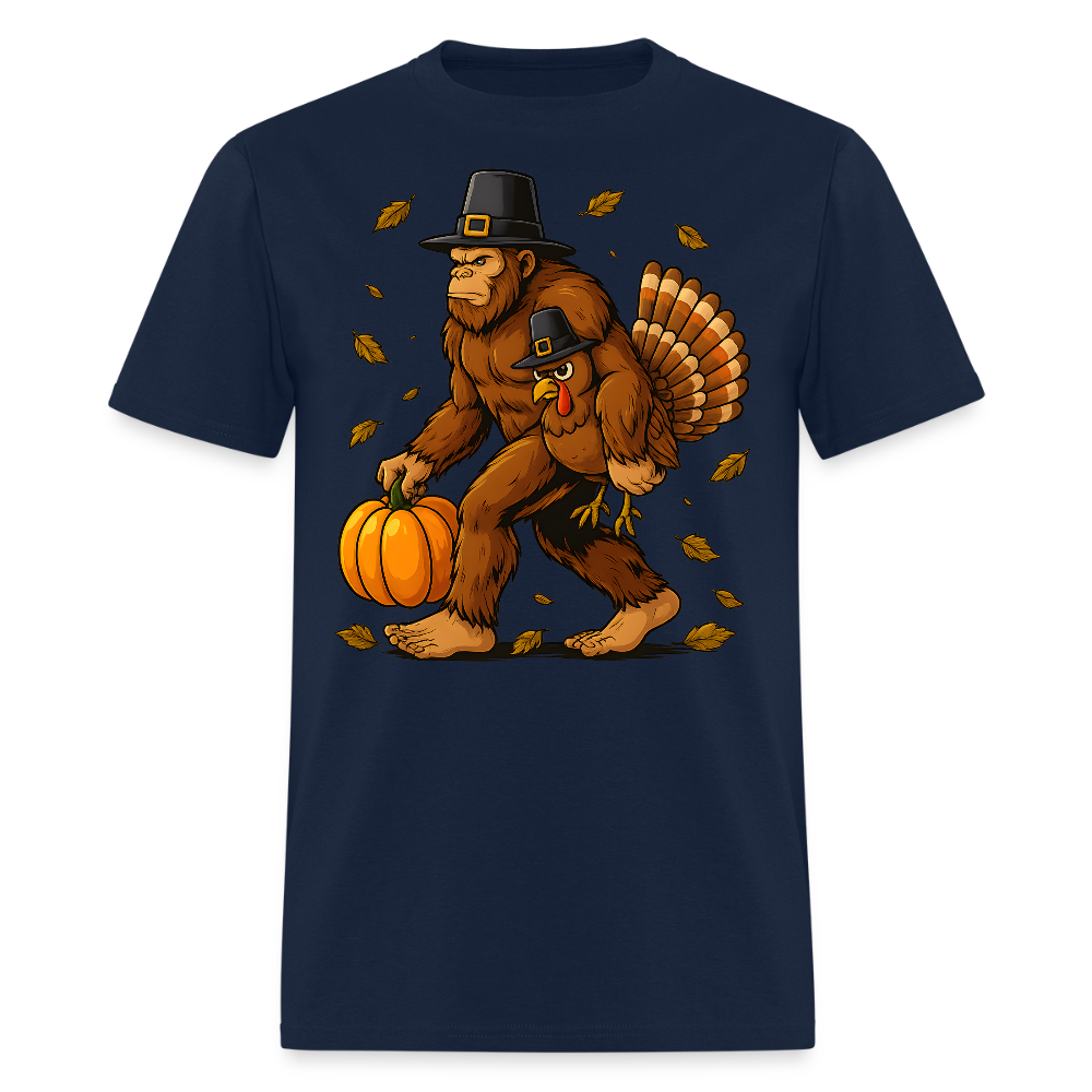 Funny Bigfoot Pilgrim Turkey Pumpkin Thanksgiving T-Shirt - navy