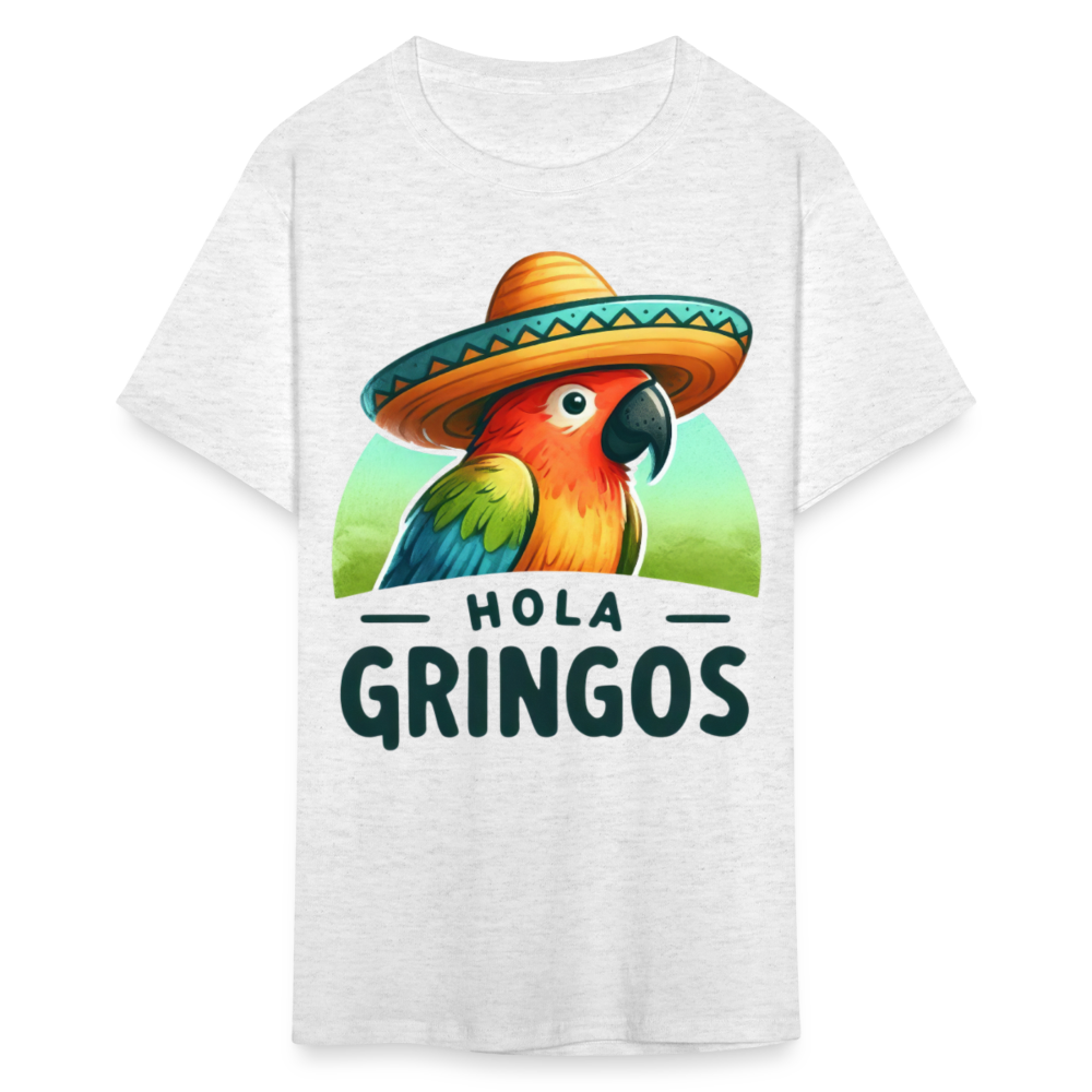 Colorful Parrot Sombrero Graphic Tee Hola Gringos Fiesta Party T-shirt - light heather gray