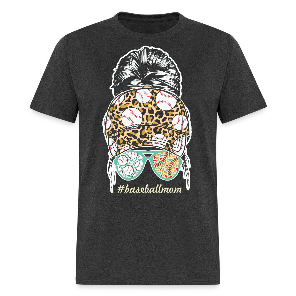 Leopard Print Baseball Mom Messy Bun Graphic T-shirt - heather black