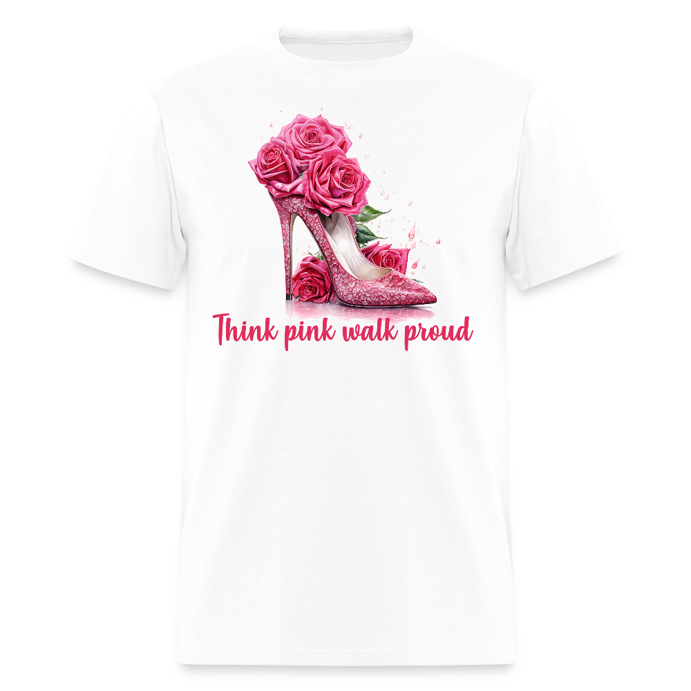 Think Pink Walk Proud High Heels with Roses Design T-Shirt - white