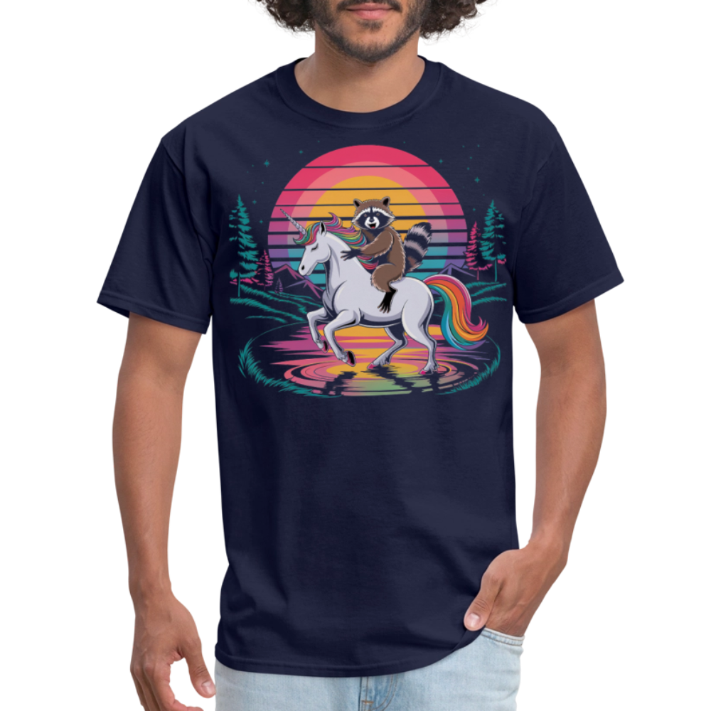 Colorful Retro Raccoon Riding Unicorn T-shirt - navy